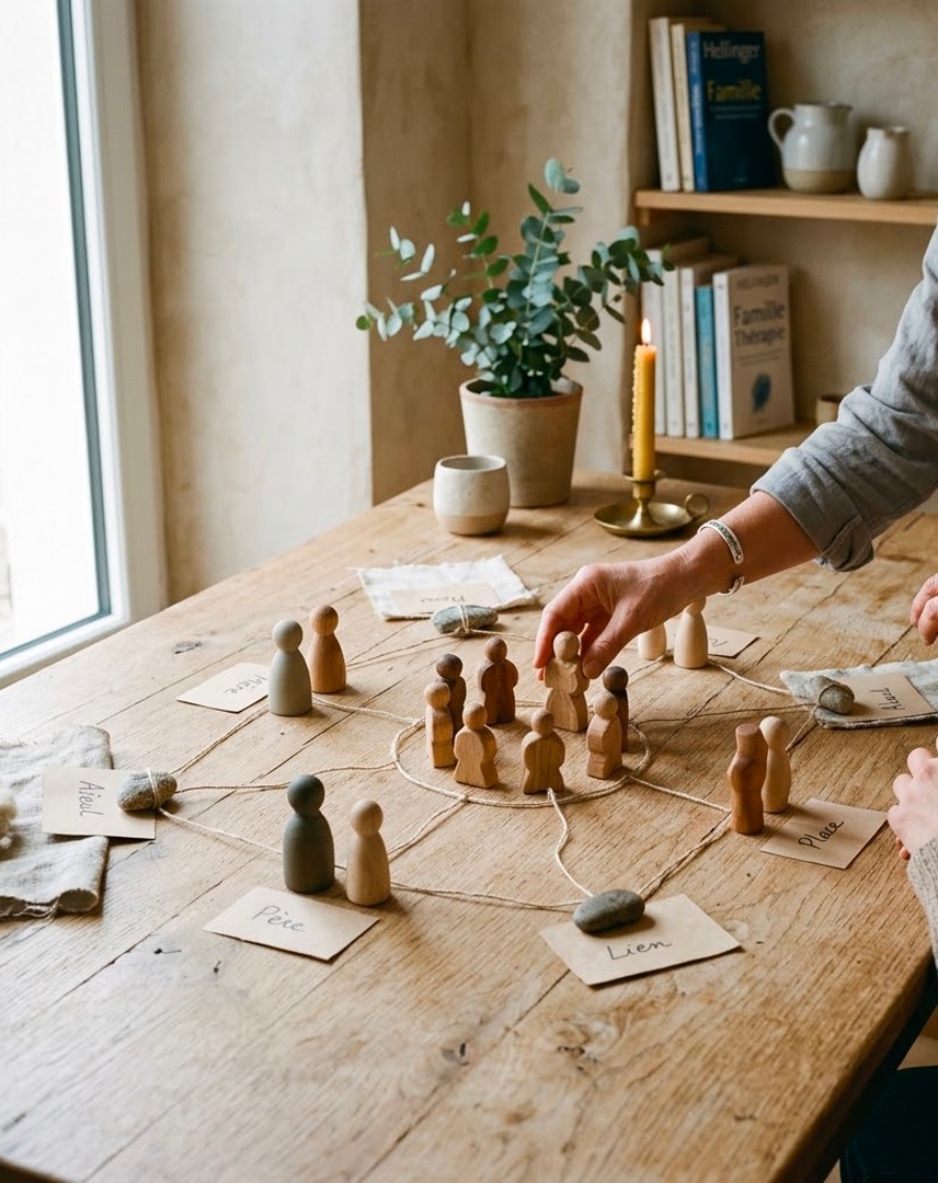 Figurines de bois et étiquettes — Père, Mère, Aïeul, Lien, Place — sur la table de travail